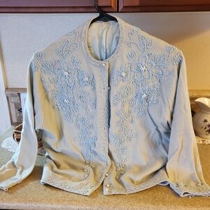 Elegant Blue Embroidered Cardigan